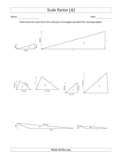 The Determine the Scale Factor Between Two Triangles and Determine the Missing Lengths (Scale Factors in Increments of 0.5) (A) Math Worksheet