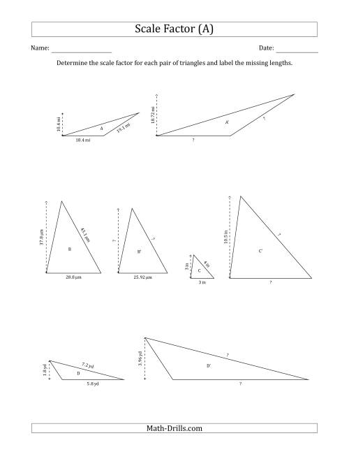 The Determine the Scale Factor Between Two Triangles and Determine the Missing Lengths (Scale Factors in Increments of 0.1) (A) Math Worksheet