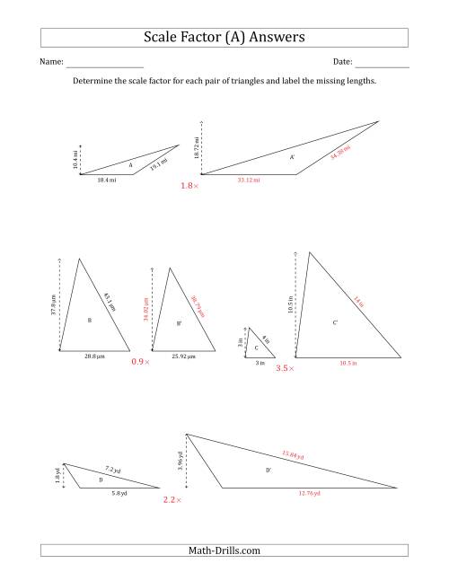 The Determine the Scale Factor Between Two Triangles and Determine the Missing Lengths (Scale Factors in Increments of 0.1) (A) Math Worksheet Page 2