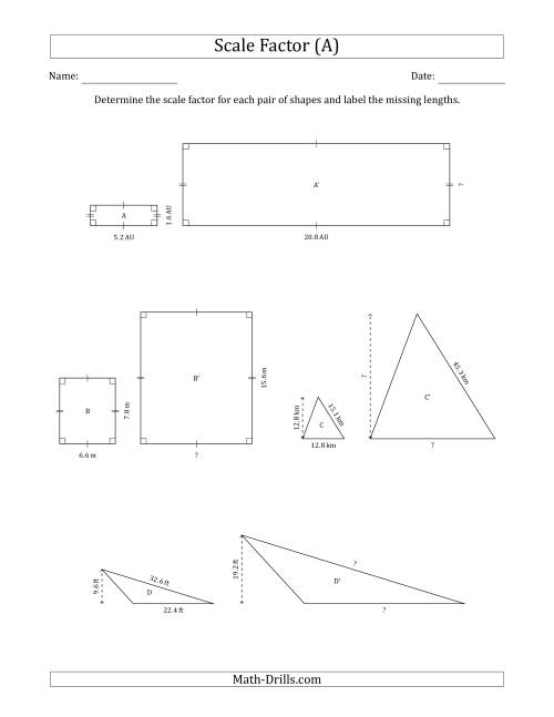 The Determine the Scale Factor Between Two Shapes and Determine the Missing Lengths (Whole Number Scale Factors) (A) Math Worksheet