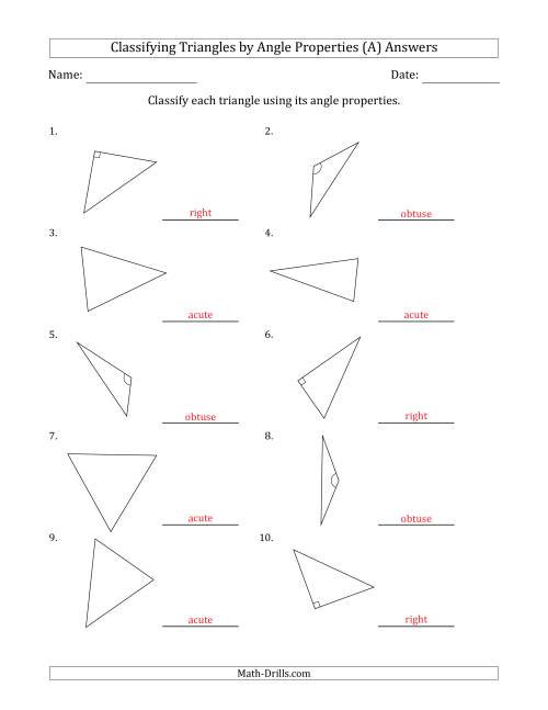 The Classifying Triangles by Angle Properties (Marks Included on Question Page) (A) Math Worksheet Page 2