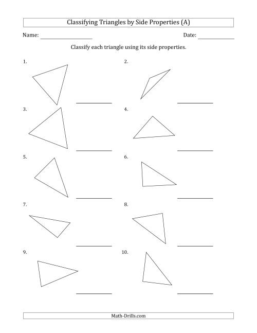 The Classifying Triangles by Side Properties (No Marks on Question Page) (A) Math Worksheet