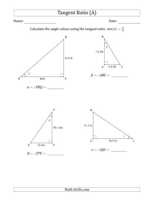 The Calculating Angle Values Using the Tangent Ratio (A) Math Worksheet