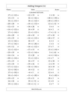Adding Mixed Integers from -20 to 20 (75 Questions)