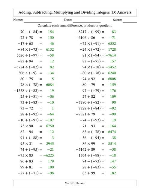 The Adding, Subtracting, Multiplying and Dividing Mixed Integers from -99 to 99 (50 Questions) (D) Math Worksheet Page 2