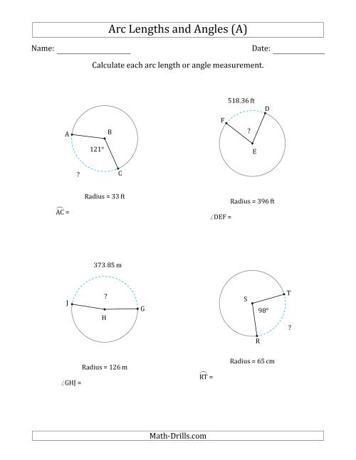 The Calculating Arc Length or Angle from Radius (A) Math Worksheet