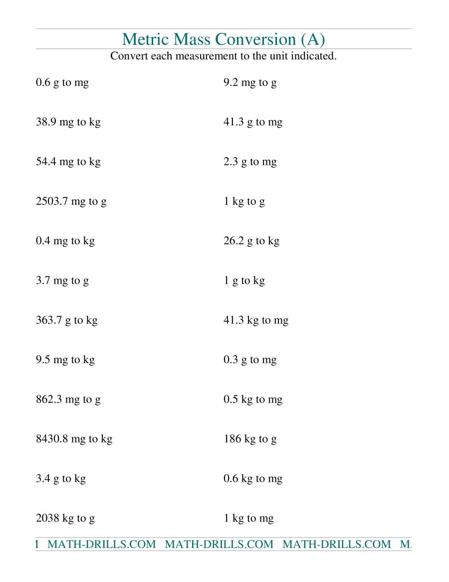 Metric Conversion Of Mg G And Kg A 