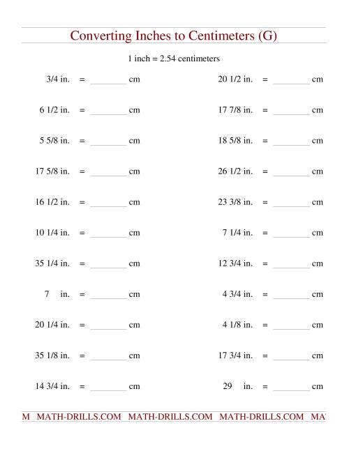 The Converting Inches to Centimeters (G) Math Worksheet