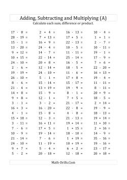 100 Horizontal Addition/Subtraction/Multiplication Questions (Facts 1 to 20) Euro Format