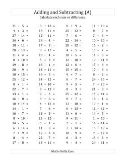 100 Horizontal Addition/Subtraction Questions (Facts 1 to 15)