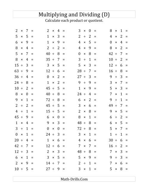 The 100 Horizontal Multiplication/Division Questions (Facts 0 to 9) (D) Math Worksheet