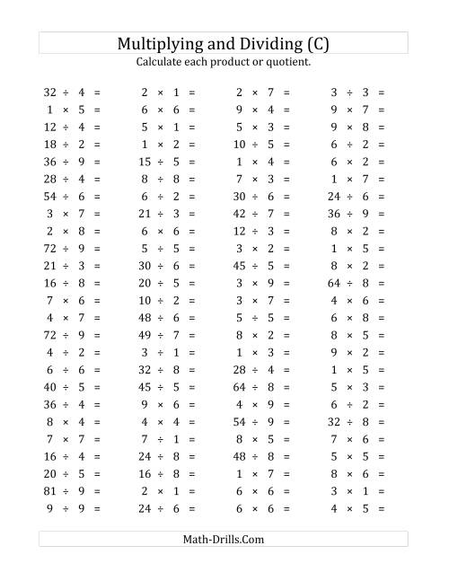 100 Horizontal Multiplication/Division Questions (Facts 1 to 9) (C)