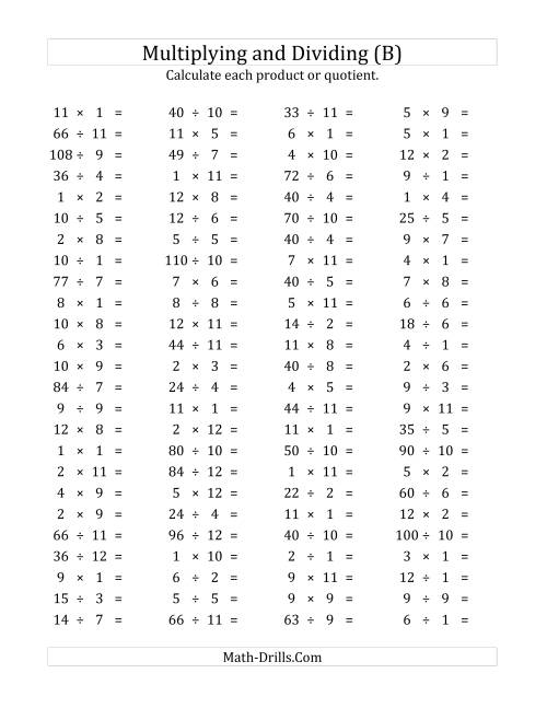 100 Horizontal Multiplication/Division Questions (Facts 1 to 12) (B)