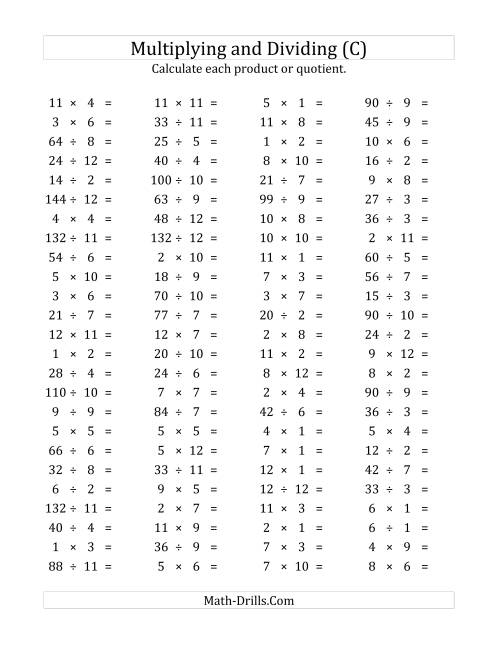 100 Horizontal Multiplication Division Questions Facts 1 To 12 C 