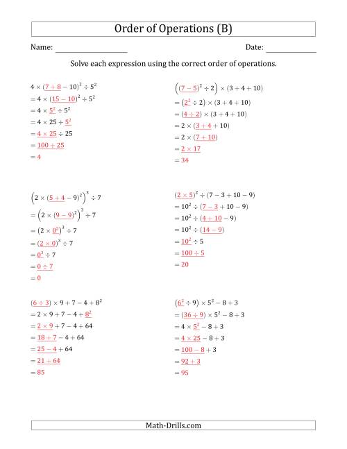 The Order of Operations with Whole Numbers (Six Steps) (B) Math Worksheet Page 2