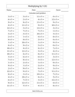 Multiplying 0 to 12 by 5 (E) Multiplication Worksheet