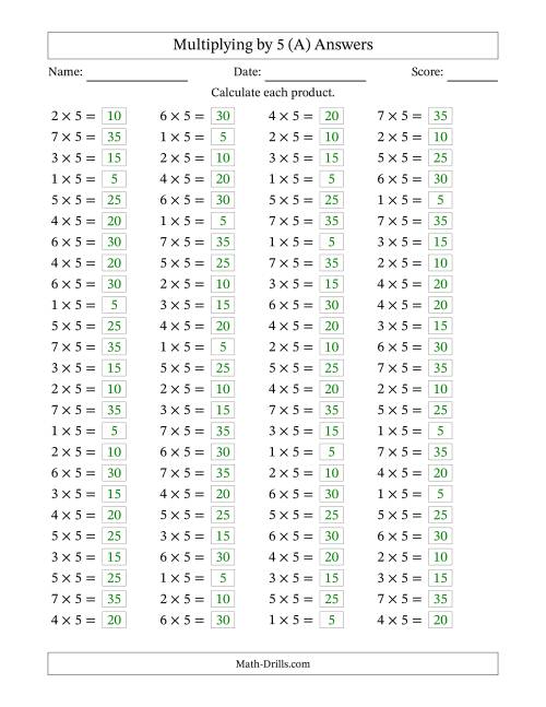 The Horizontally Arranged Multiplying (1 to 7) by 5 (100 Questions) (A) Math Worksheet Page 2