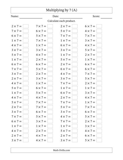 The Horizontally Arranged Multiplying (1 to 7) by 7 (100 Questions) (A) Math Worksheet