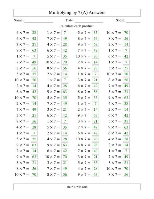 The Horizontally Arranged Multiplying (1 to 10) by 7 (100 Questions) (A) Math Worksheet Page 2