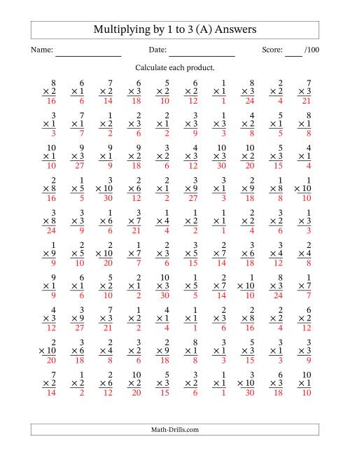 The Multiplying (1 to 10) by 1 to 3 (100 Questions) (A) Math Worksheet Page 2