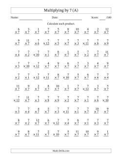 Multiplying 1 to 12 by 7 (All) Multiplication Worksheet
