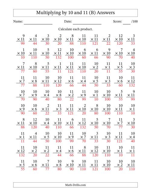 The Multiplying (1 to 12) by 10 and 11 (100 Questions) (B) Math Worksheet Page 2