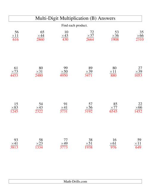 Multiplying Two-Digit by Two-Digit -- 24 per page (B)