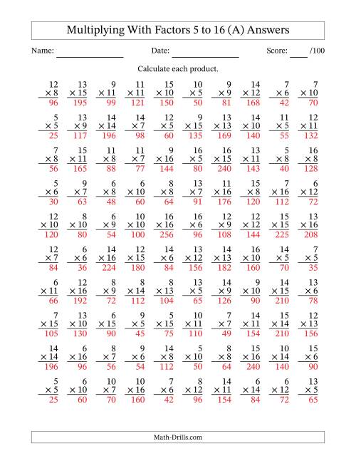 The Multiplication With Factors 5 to 16 (100 Questions) (A) Math Worksheet Page 2