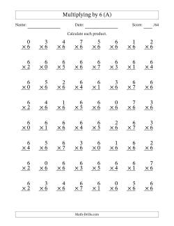 Multiplying (0 to 7) by 6 (64 Questions)