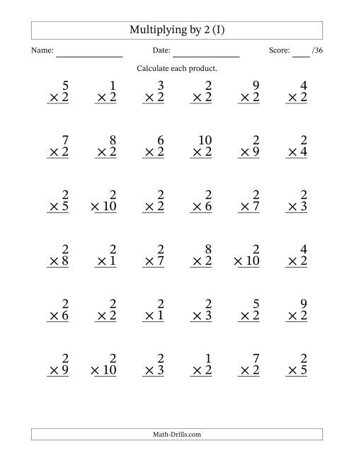 Multiplying 1 To 10 By 2 36 Questions Per Page I 