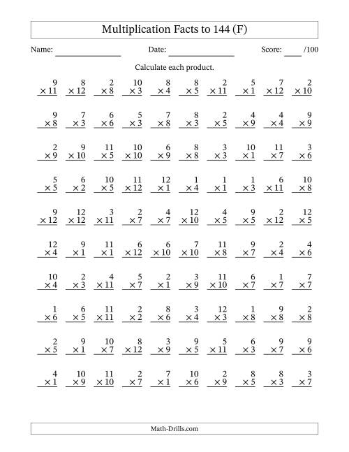  Multiplication Facts To 144 No Zeros F 