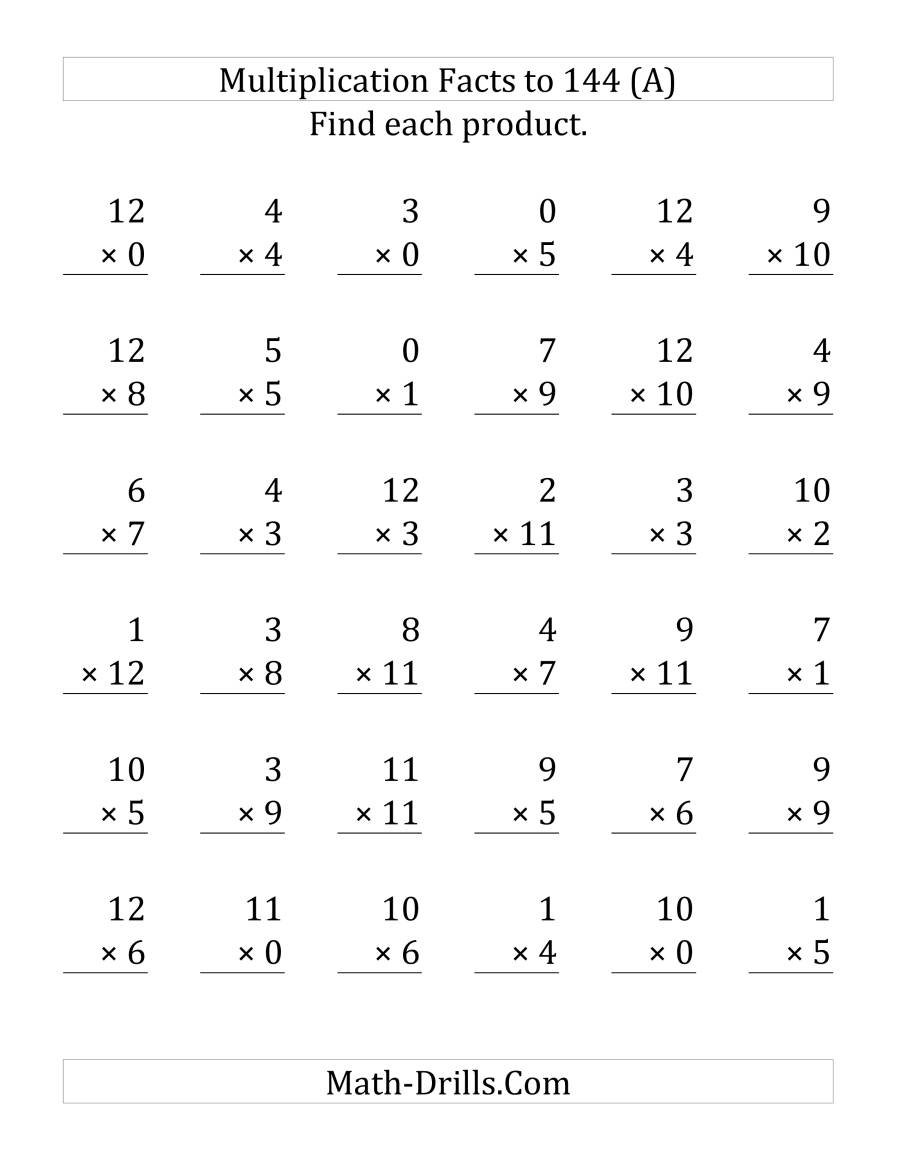 Multiplication Facts To 144 Facts Worksheets