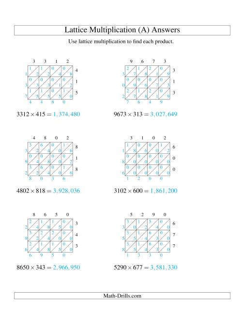 The Lattice Multiplication -- Four-digit by Three-digit (A) Math Worksheet Page 2