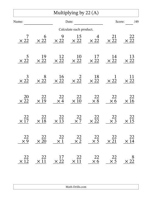 The Multiplying (1 to 22) by 22 (49 Questions) (A) Math Worksheet