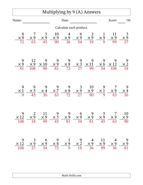 The Multiplying (1 to 12) by 9 (50 Questions) (A) Math Worksheet Page 2