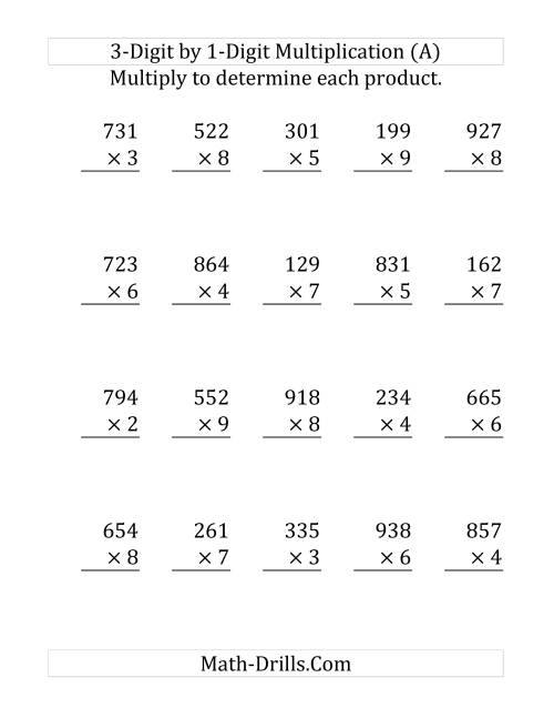 3 Digit 1 Digit Multiplication Worksheets