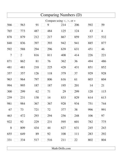 The Comparing Numbers to 1000 Tight (D) Math Worksheet