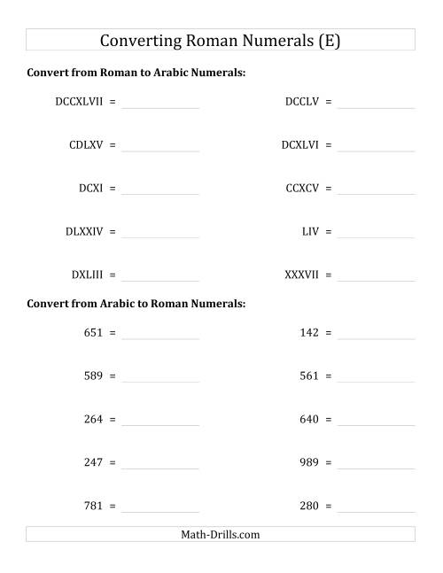 The Converting Roman Numerals up to M to Standard Numbers (E) Math Worksheet