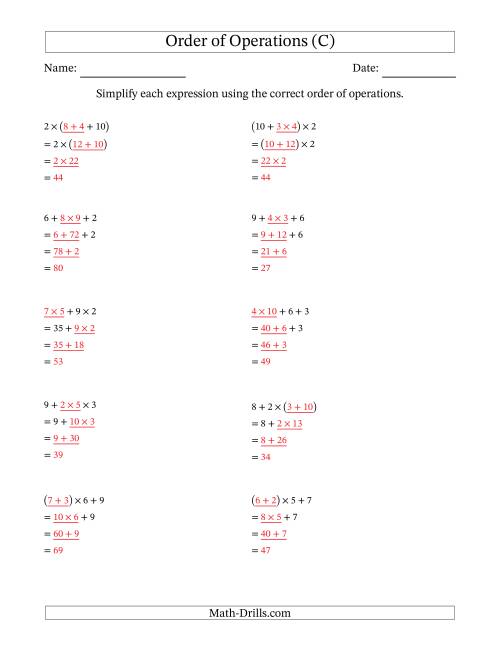 The Order of Operations with Whole Numbers Multiplication and Addition Only (Three Steps) (C) Math Worksheet Page 2