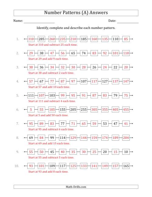 The Identifying, Continuing and Describing Increasing and Decreasing Number Patterns (Random 3 Numbers Shown) (A) Math Worksheet Page 2