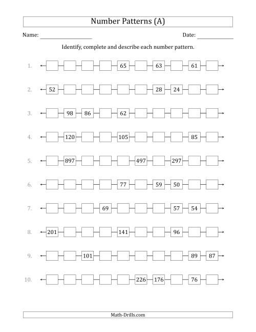 The Identifying, Continuing and Describing Decreasing Number Patterns (Random 3 Numbers Shown) (A) Math Worksheet