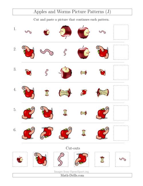 The Apples and Worms Picture Patterns with Shape, Size and Rotation Attributes (J) Math Worksheet