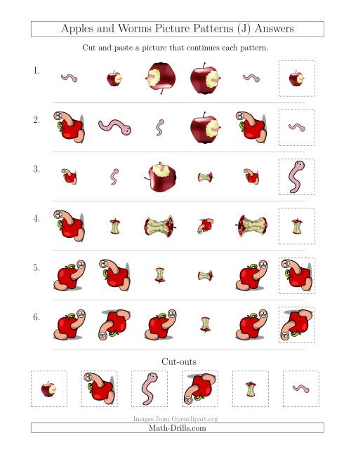 The Apples and Worms Picture Patterns with Shape, Size and Rotation Attributes (J) Math Worksheet Page 2