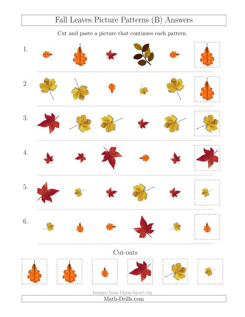 The Fall Leaves Picture Patterns with Shape, Size and Rotation Attributes (B) Math Worksheet Page 2