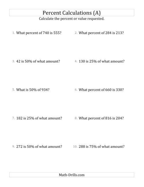 The Mixed Percent Problems with Whole Number Amounts and Multiples of 25 Percents (A) Math Worksheet