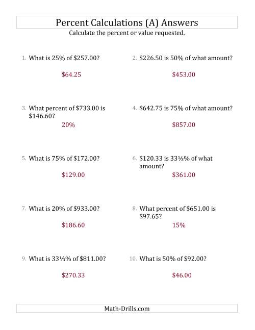 The Mixed Percent Problems with Decimal Currency Amounts and Select Percents (A) Math Worksheet Page 2