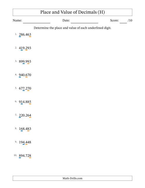 The Determining Place and Value of Decimal Numbers from Thousandths to Hundreds (H) Math Worksheet