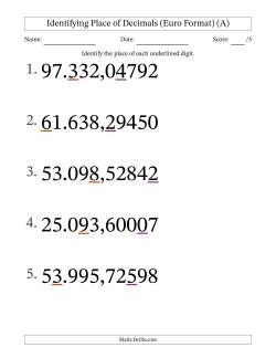 Euro Format Identifying Place of Decimal Numbers from Hundred Thousandths to Ten Thousands (Large Print)