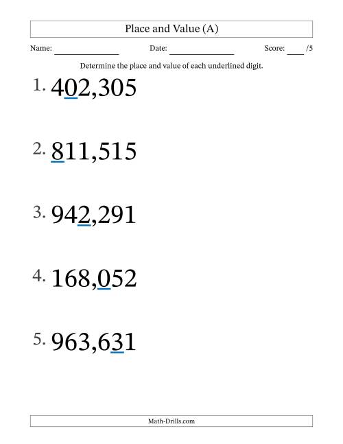 The Determining Place and Value from Ones to Hundred Thousands (Large Print) (A) Math Worksheet