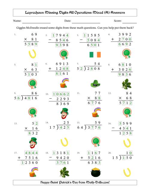 The Leprechaun Missing Digits All Operations Mixed (Harder Version) (A) Math Worksheet Page 2